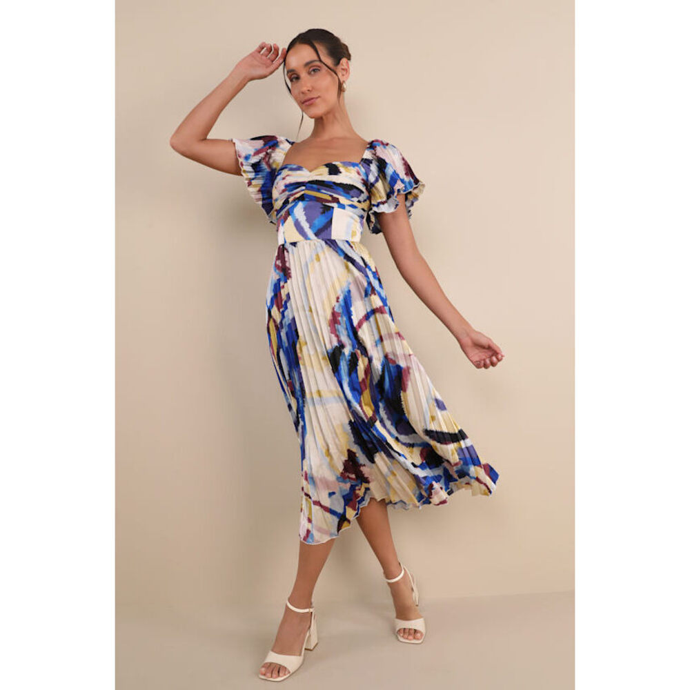 Lulus Authentically Yours Blue Multi Abstract Print Satin Midi Dress - Size L